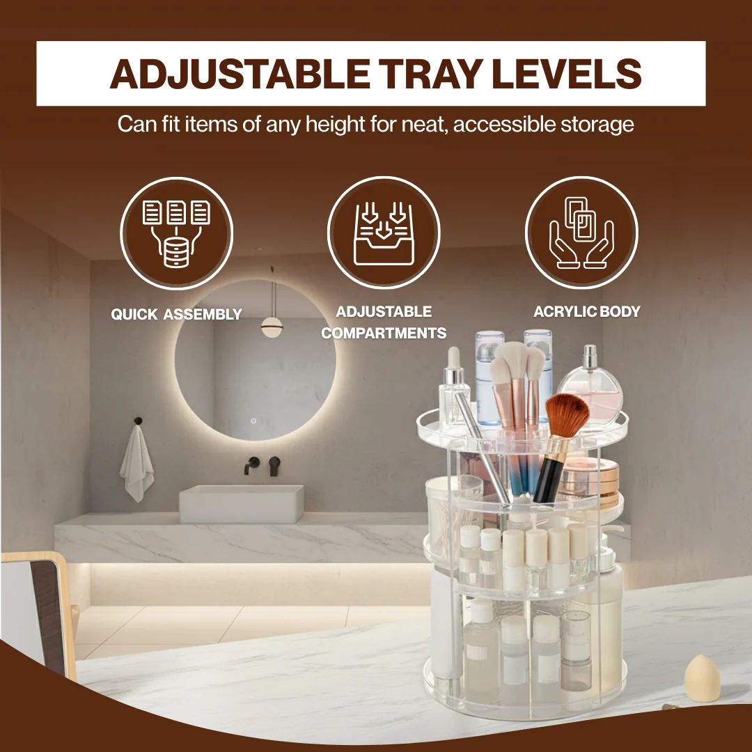 360 Rotating Adjustable Acrylic Makeup Organizer with Compartments