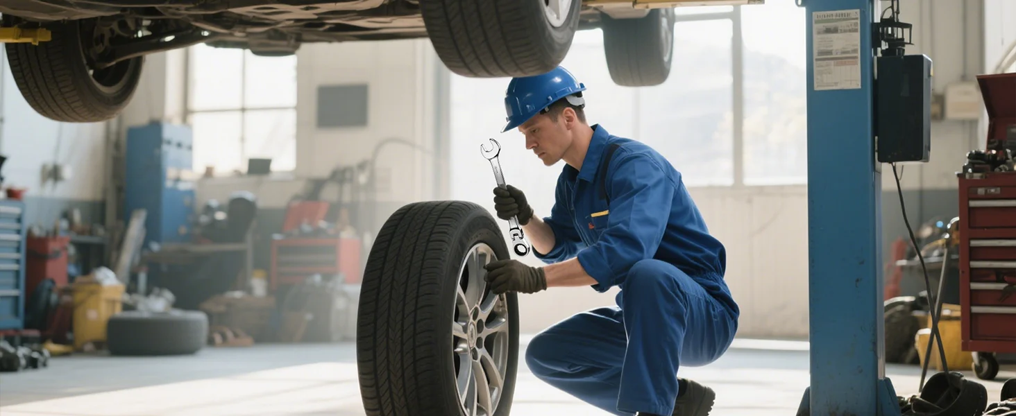 Auto mechanic in blue uniform and helmet using a wrench on a car tire in a workshop, innovation and quality