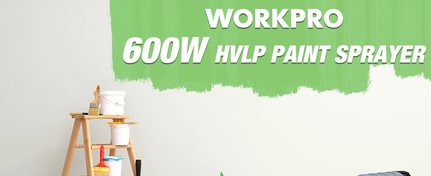 Workpro 600W HVLP paint sprayer on a wooden ladder with white paint buckets against a green banner