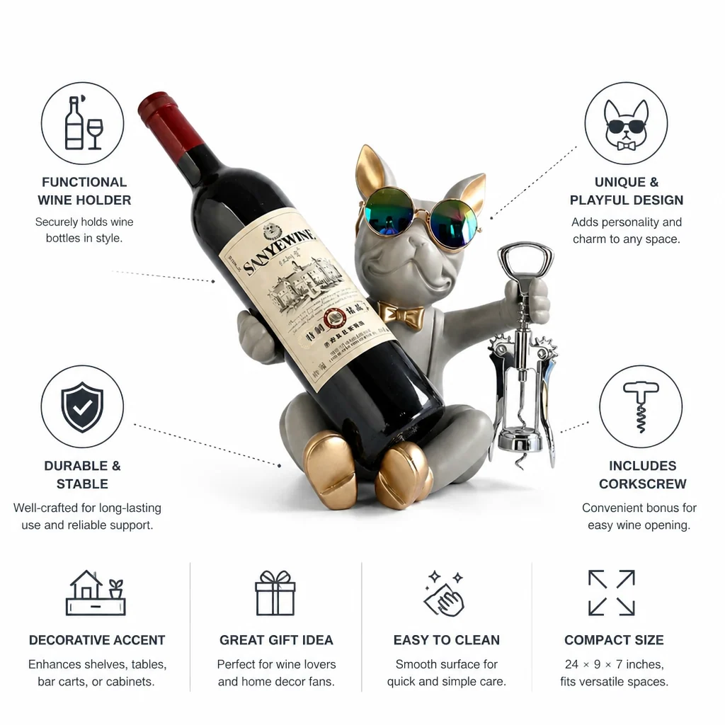 Wine Bottle Holder Bulldog Figurine Gold Accents & Corkscrew - Image 6