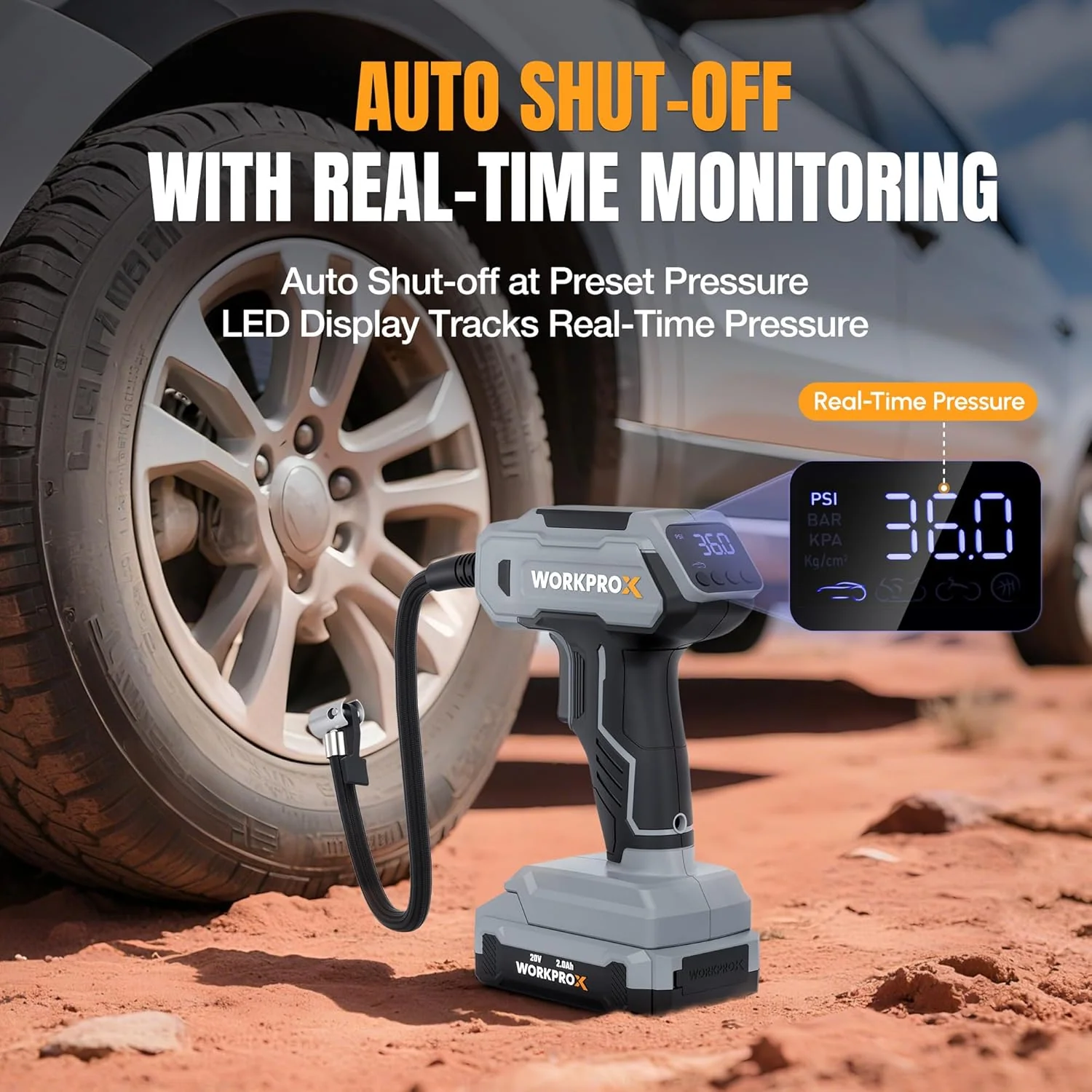 WORKPROX Tire Inflator Portable Air Compressor, 150 PSI Cordless Car Tire Pump with Digital Pressure Gauge, Fast Inflation, Rechargeable Battery & 12V DC Power, for Cars, Motorcycles, Bikes, Balls - Image 4