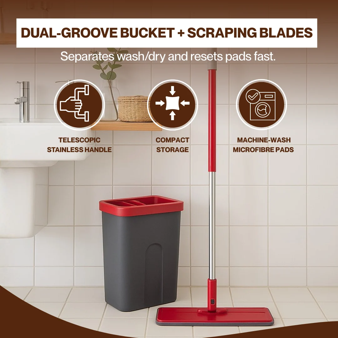 Flat Mop & Bucket Set, 360° Rectangular Head, Telescopic Steel Handle