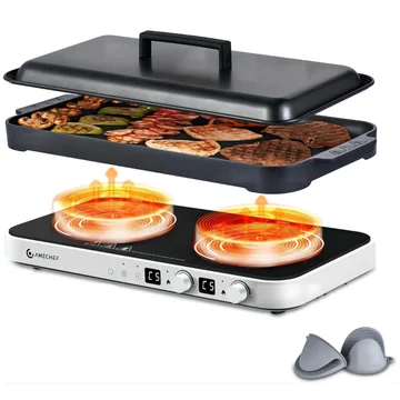 AMZCHEF Double Induction Cooktop with Removable Iron Cast Griddle Pan White