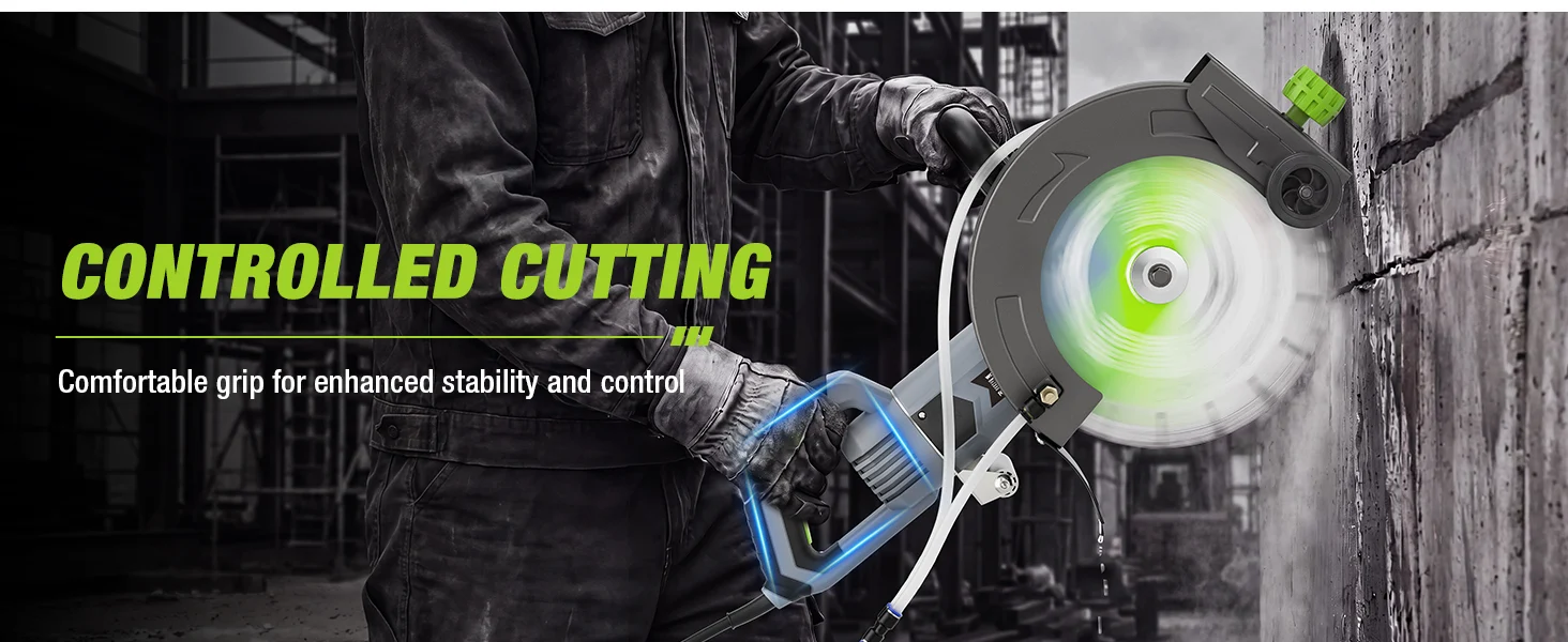 Power tool cutting disc with glowing green guard, held by a worker in a concrete yard, showing controlled cutting