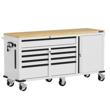 WORKPRO 72" x 22" 9-Drawer & 1-Door Rolling Tool Chest, Mobile Tool Storage Cabinet with Power Strip, Locking System, Heavy Duty Rolling Cabinet for Garage, Home & Kitchen, 1500 lbs Capacity