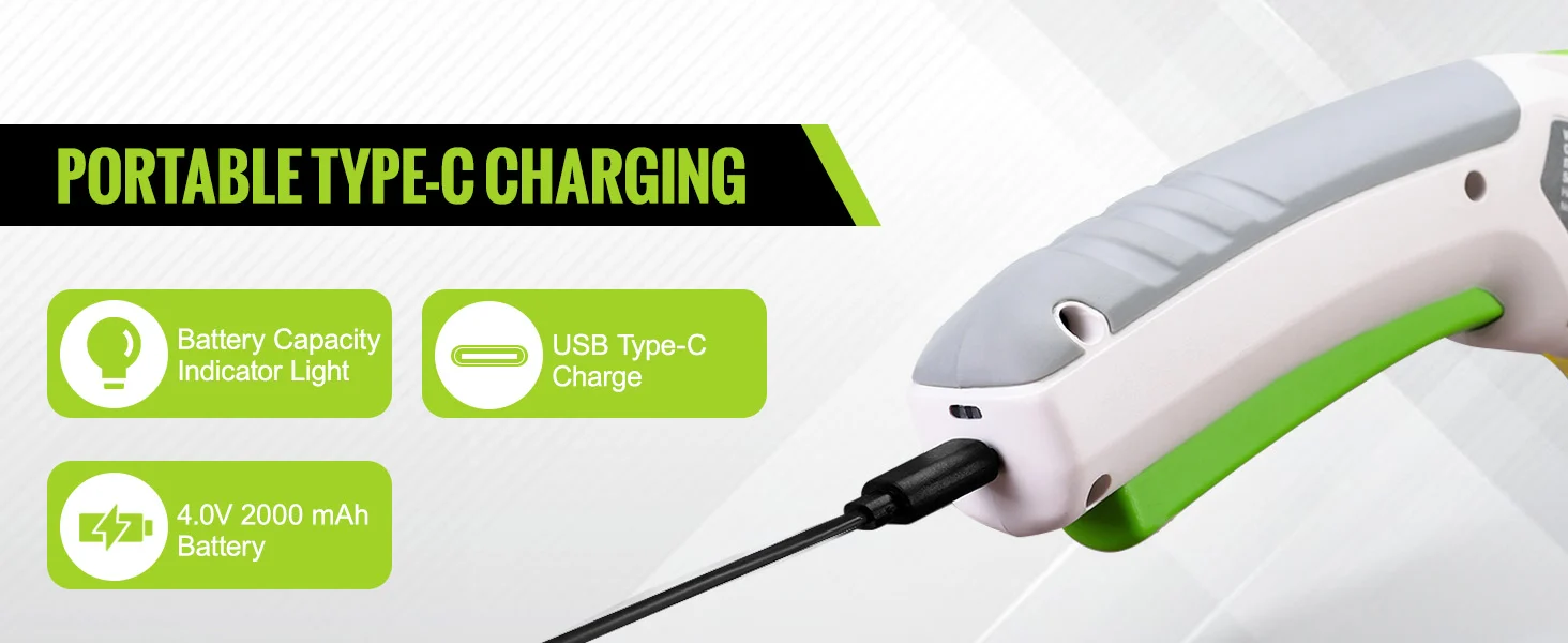 Portable USB Type C charging device with indicator light and cable, showing battery capacity and 4.0V 2000 mAh