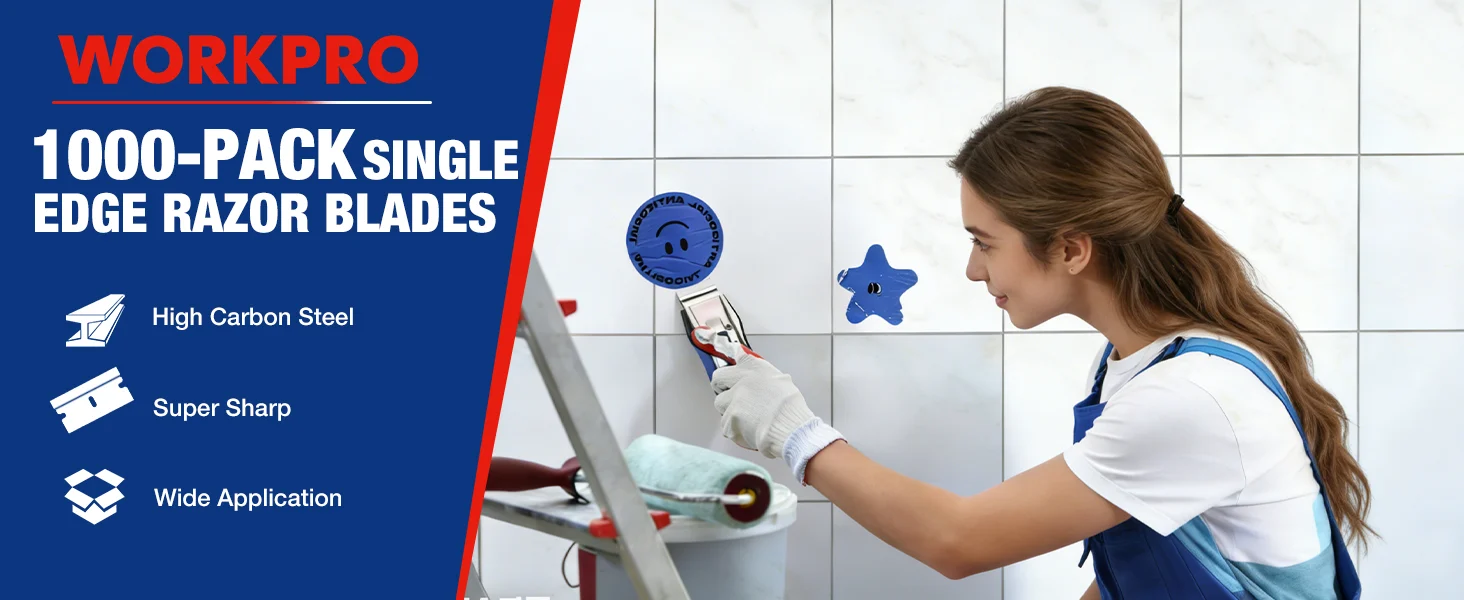 Workplace cleaner with gloves holding a razor blade, beside a trash bin, with innovation and quality shown