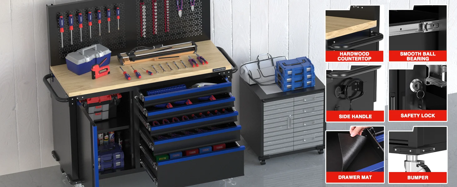 Tool cabinet with open drawers and tools, showing innovation and quality in a secure, durable workshop setup
