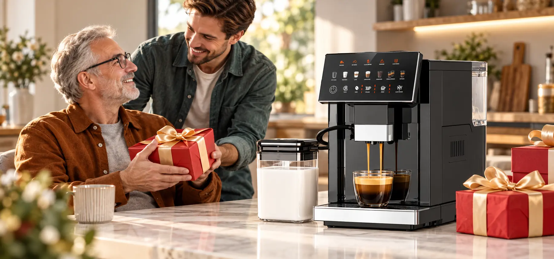 Father and son sharing a gift-giving moment beside a Kismile espresso machine, milk reservoir and red gift boxes