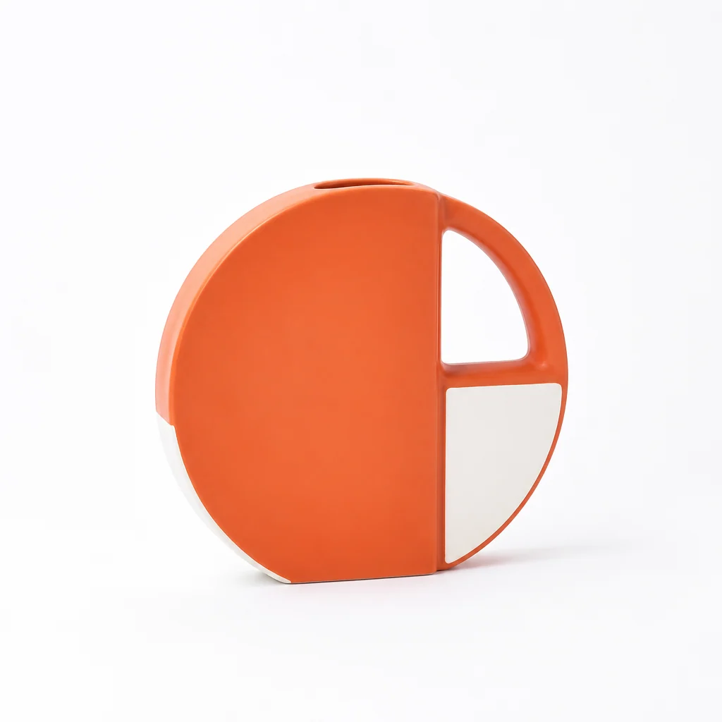 Vase Flat Disc Two-Tone Orange & White Matte Finish - Image 4