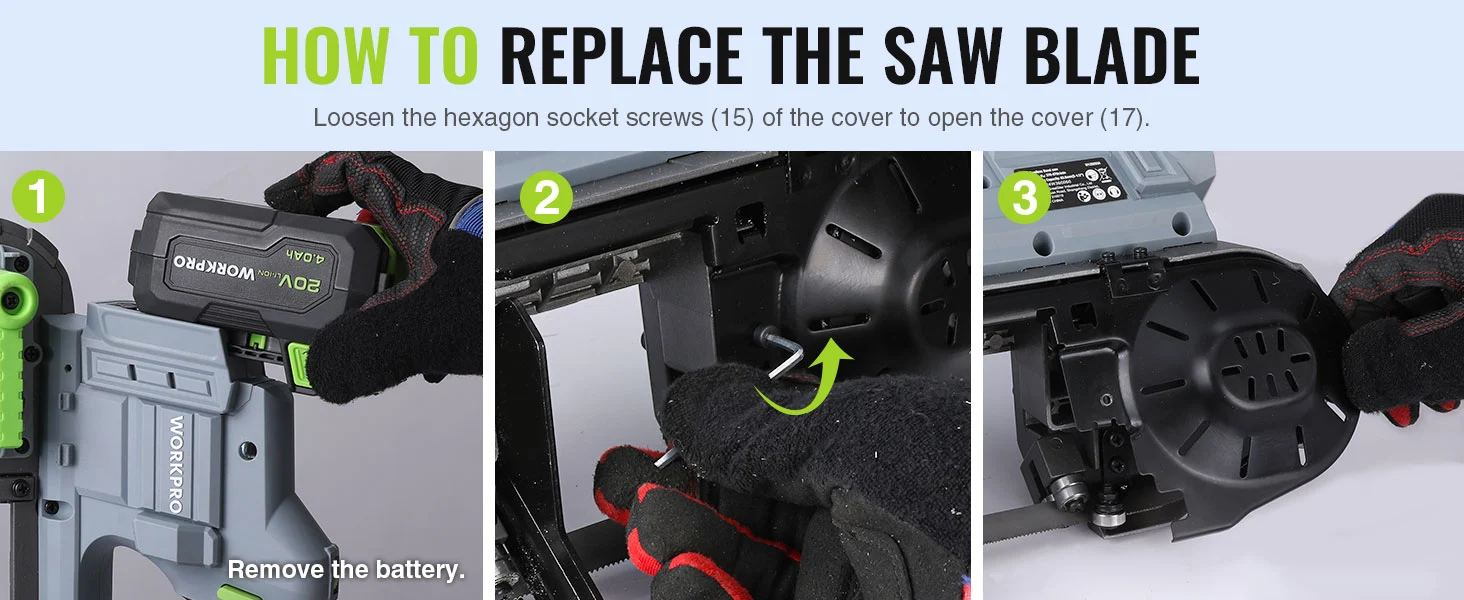 Power tool guide showing how to replace a saw blade, with gloved hands and a hex socket cover