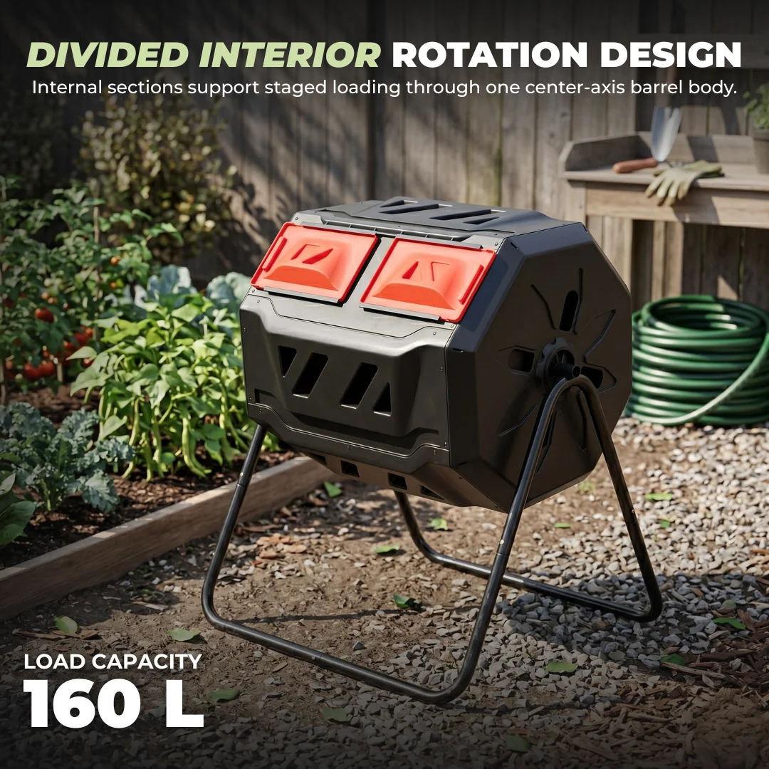 Dual Chamber Compost Bin 160L Rotating Octagonal Compost Tumbler