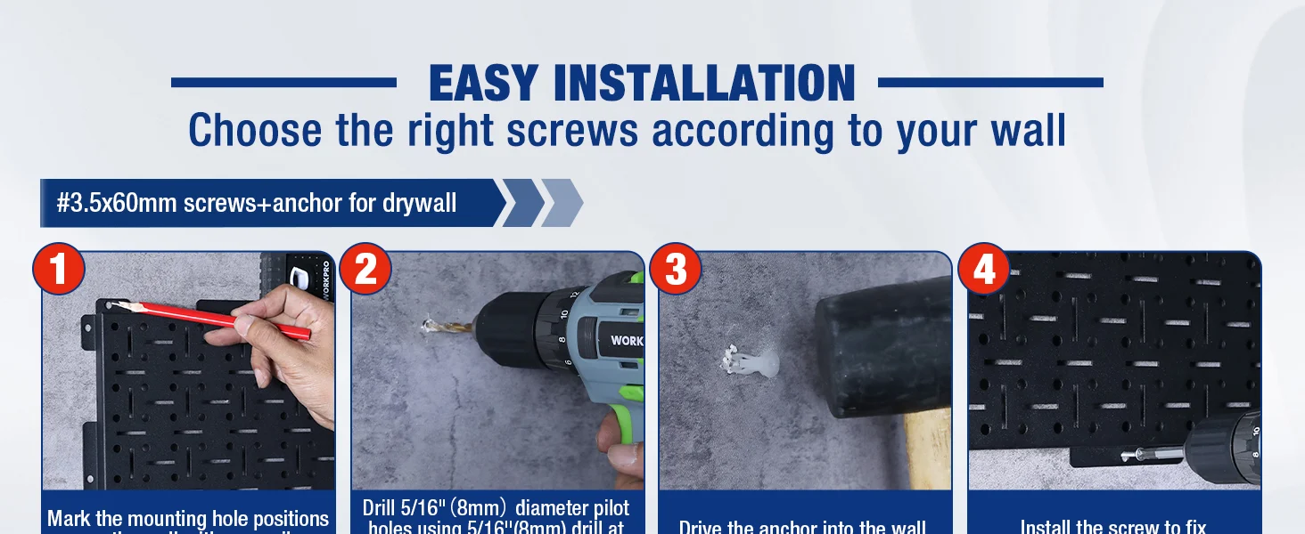 Drywall installation steps with screws and anchors, showing drilling and driving into a gray wall for secure fixing