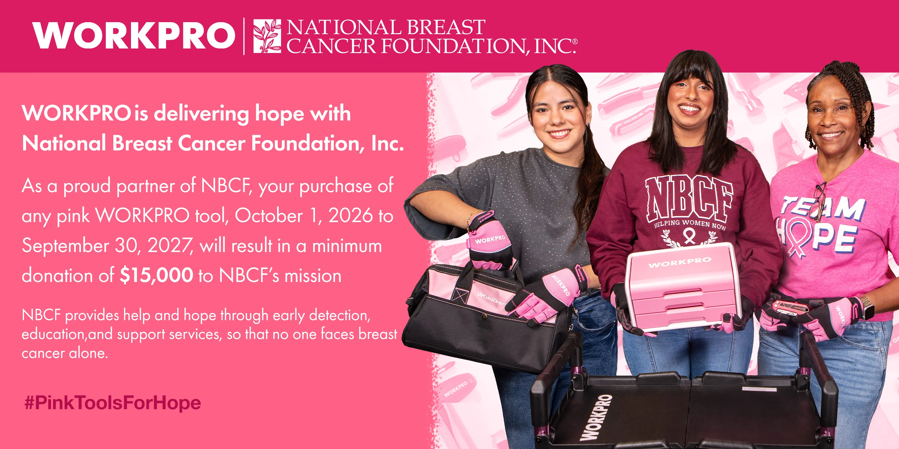 People holding pink tool boxes and a donation message on a branded banner with Workpro and National Breast Cancer Foundation
