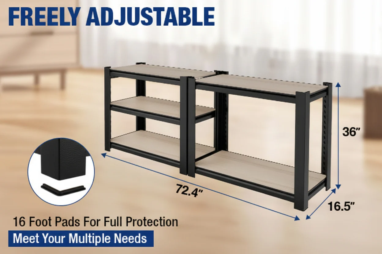 Black metal shelving unit with three tiers and adjustable feet, shown with dimension labels (96 inches wide, 36 inches high, 24 inches deep) and text highlighting freely adjustable pads.