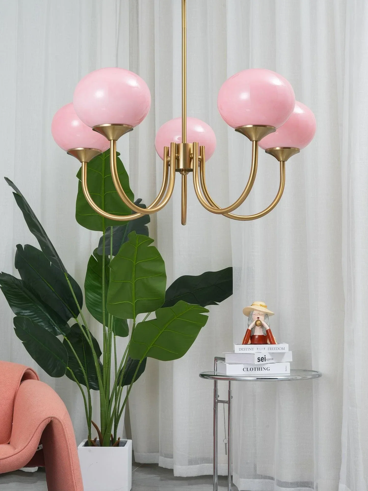 Chic Pastel Pink Ceiling Fixture with Gold Accents - Image 9