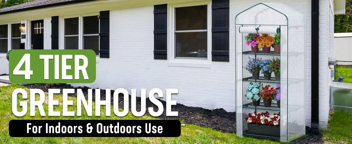 Greenhouse beside a white house with potted flowers on shelves, showing innovation and durable quality