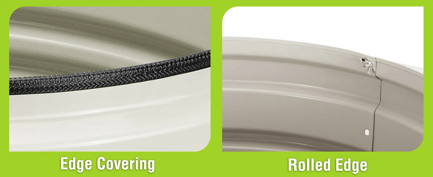 Close up of a grey fabric edge on a container, showing edge covering and rolled edge details