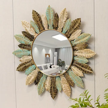 Elegant Sunburst Wall Mirror in Teal and Gold Accents