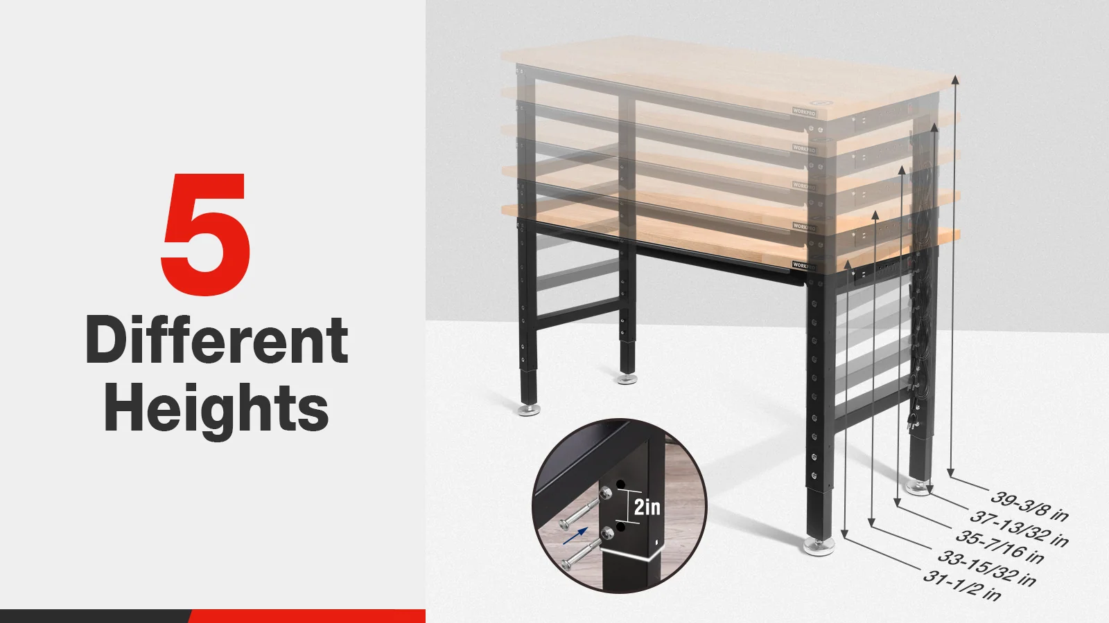 Work table with different heights shown by measurements, with innovation and quality indicated on the panel
