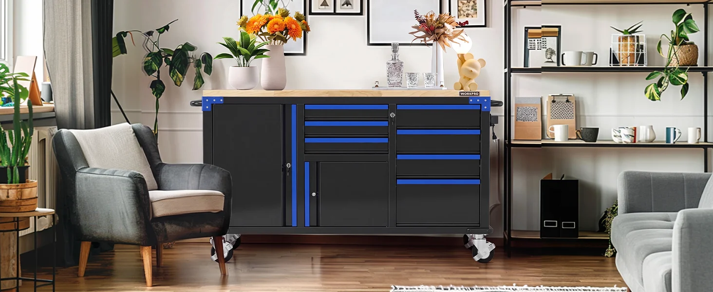 Workshop tool cabinet with blue accents in a bright living room, showing innovation and quality in a durable design