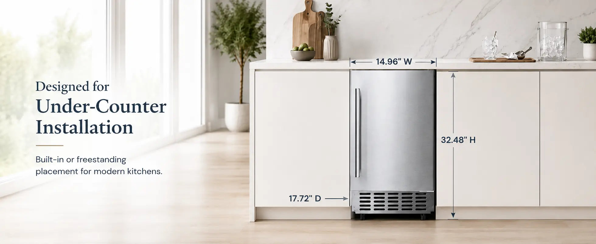 Kismile Z5830N under counter nugget ice maker installed in a modern kitchen with 14.96-inch width, 17.72-inch depth, and 32.48-inch height