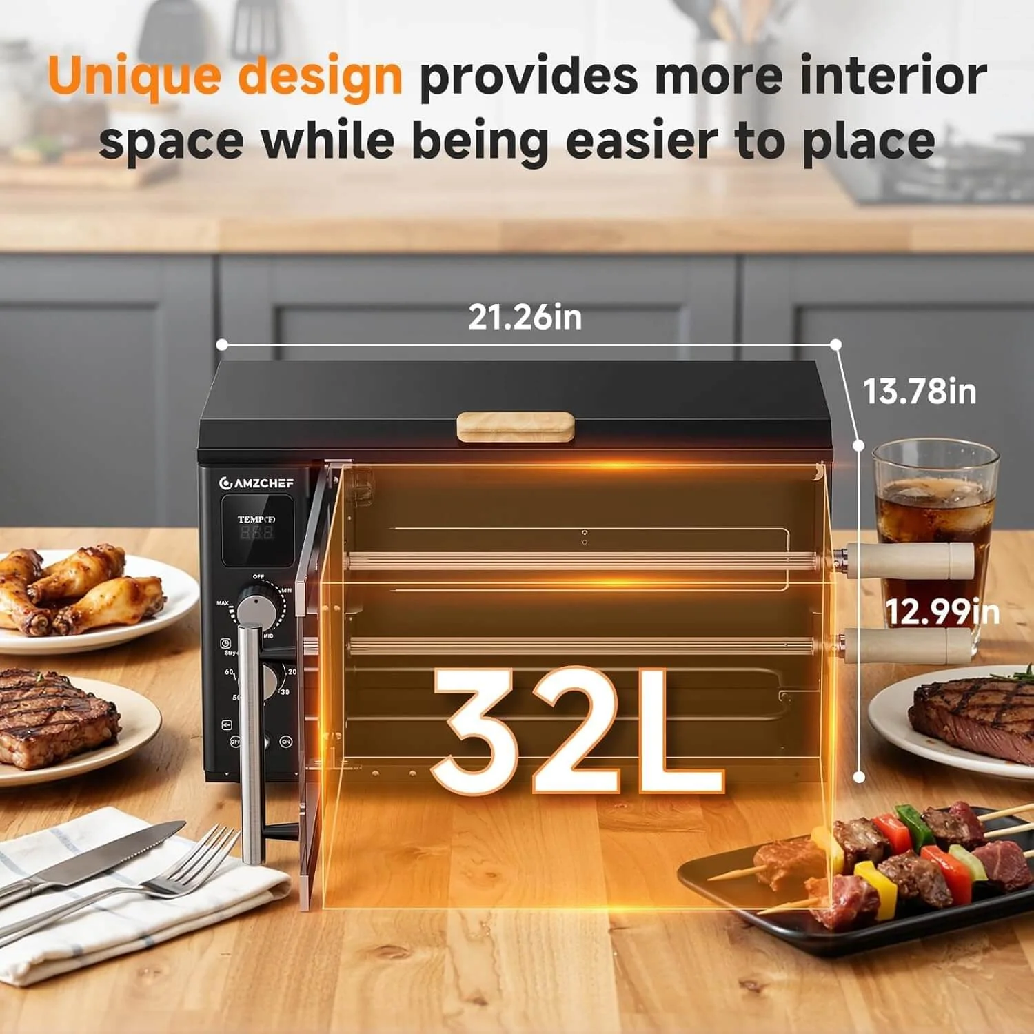 AMZCHEF Rotisserie Grill 34QT 360°Auto-Rotating 2-in-1 Oven 4