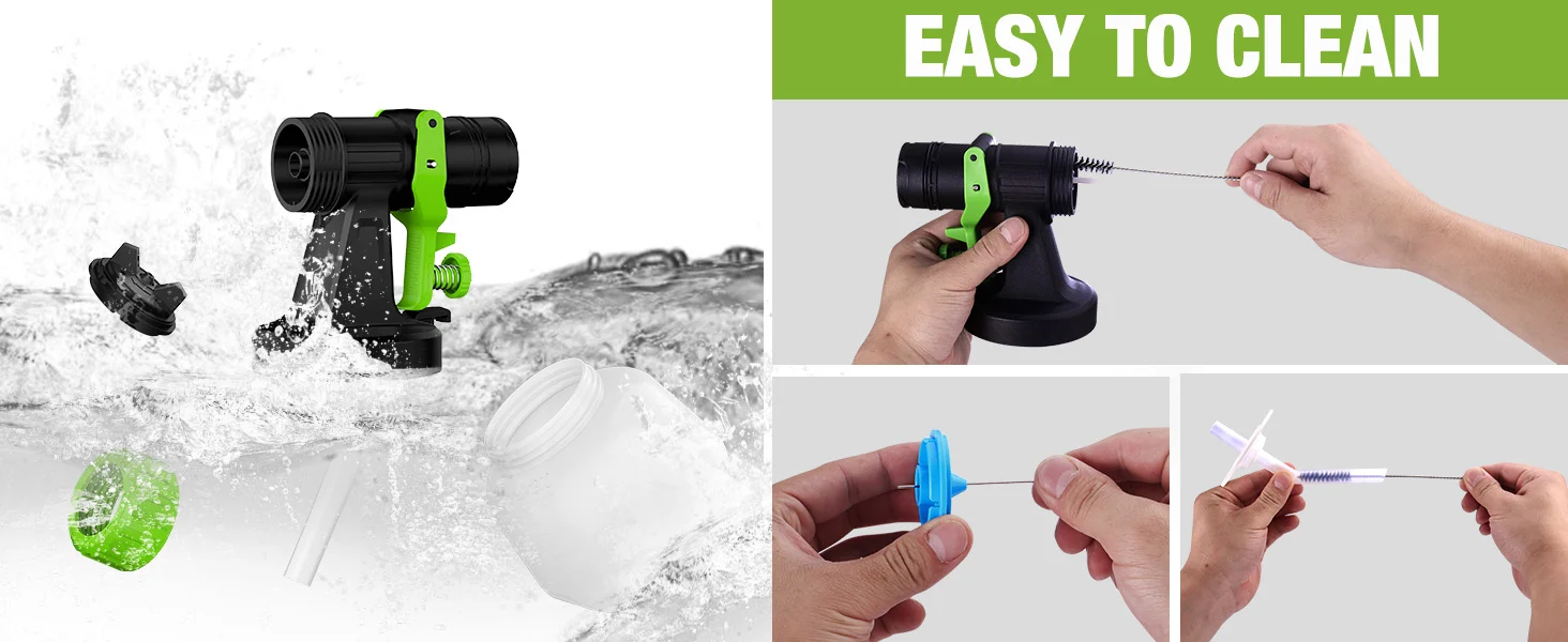 Waterproof garden hose nozzle with green handle, innovation and quality shown during quick cleaning steps