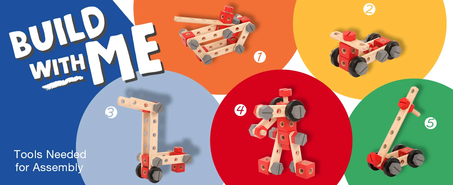 Wooden building blocks with metal connectors, showing numbered assembly steps 2, 3, 4, and 5