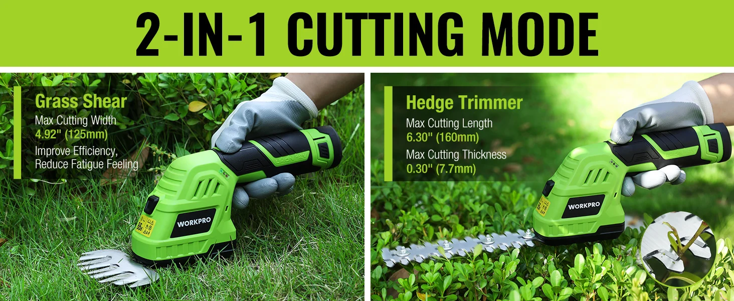 Green hedge trimmer and grass shear in use on lawn, showing innovation and quality with high-quality blades