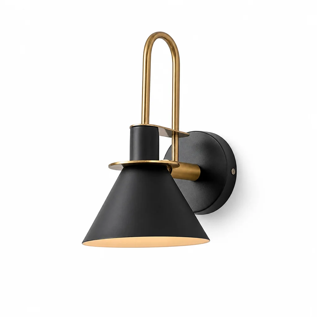 Wall Lamp Conical Metal Shade Curved Gold Arm