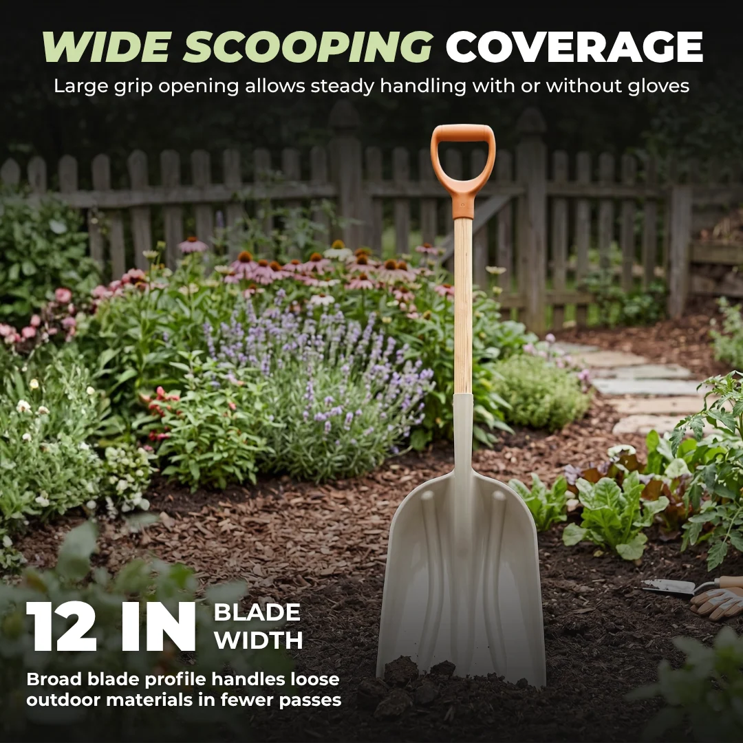 Wide Poly Scoop Shovel with Hardwood Handle for Backyard Work