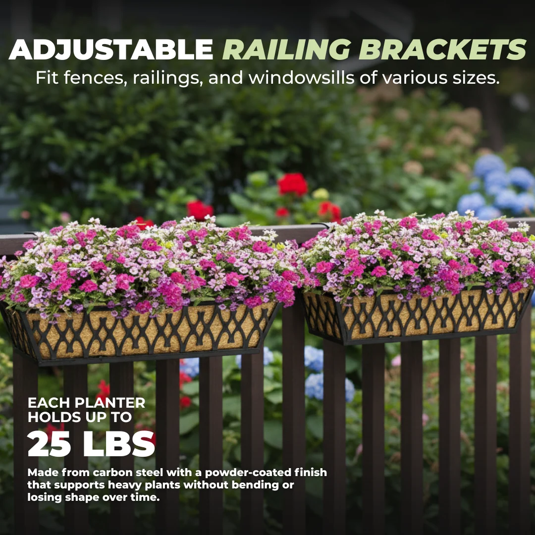 Metal Window Box Planter with Coco Liner for Balcony & Fence