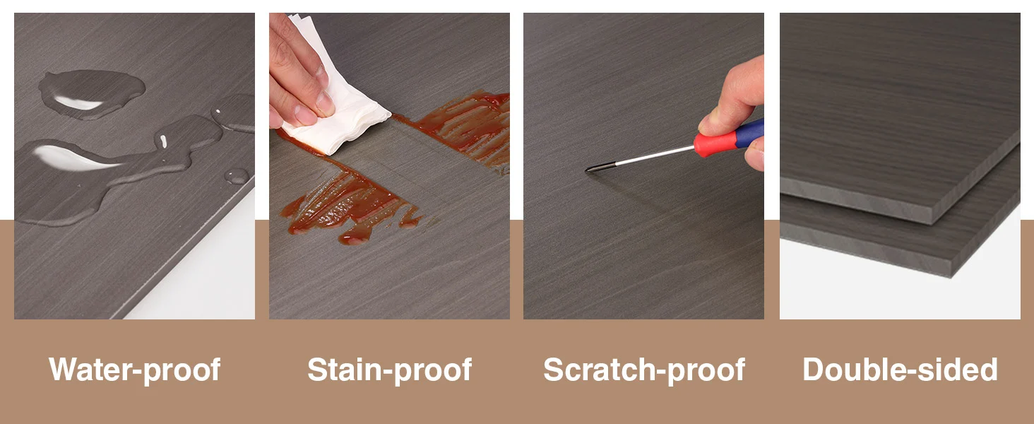 Water proof, stain proof, scratch proof, and double sided board with hands applying adhesive and smoothing edges