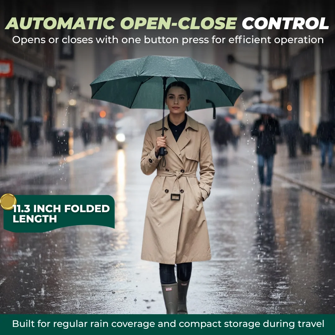Folding Travel Umbrella with Auto Open Close and Fiberglass Ribs