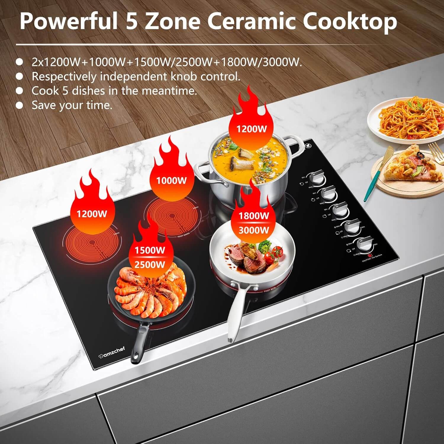 AMZCHEF Electric Cooktop with 5 Burners 8900W Power Control by Knob 2