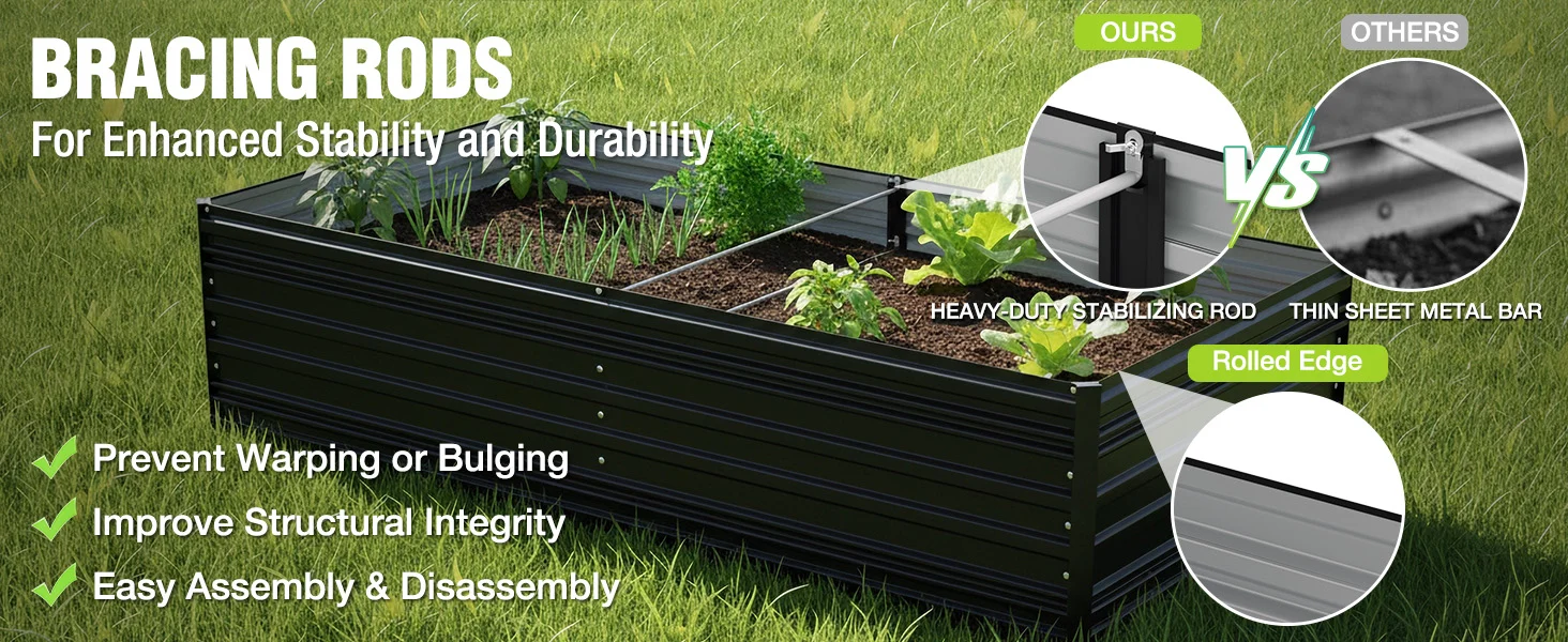 Garden raised bed with bracing rods in grass, showing innovation and quality through visible metal stability