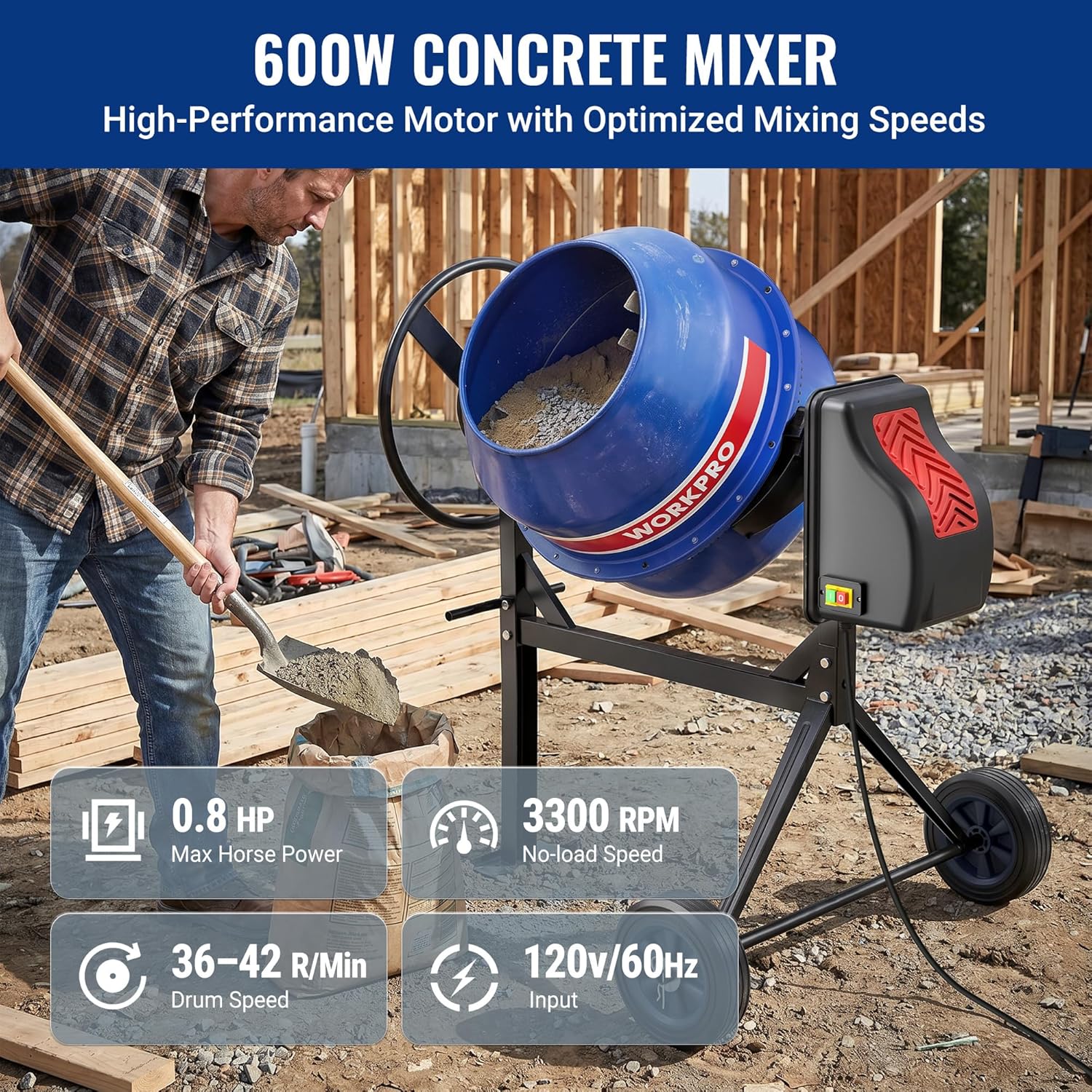 WORKPRO 4.6 Cu.Ft. Electric Cement Mixer, 600W 0.8HP Portable Concrete Mixer with Wheels & Stand Steel for Stucco, Mortar & Seeds - Image 3