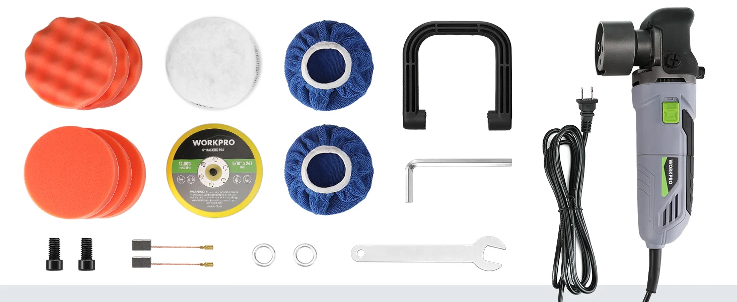 Power tool kit with sanding pads, blue polishing wheels, wrenches, and a corded grinder, showing innovation and quality