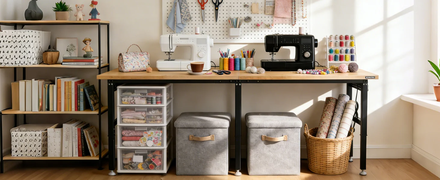 Sewing workstation with a white and black sewing machine, colorful thread spools, fabric rolls, and storage bins