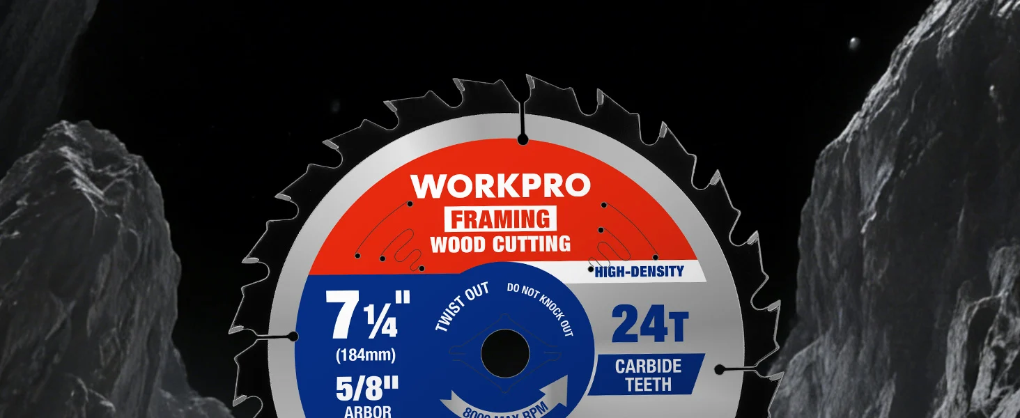 Circular saw blade label reading Workpro framing wood cutting, showing 24T carbide teeth and high density