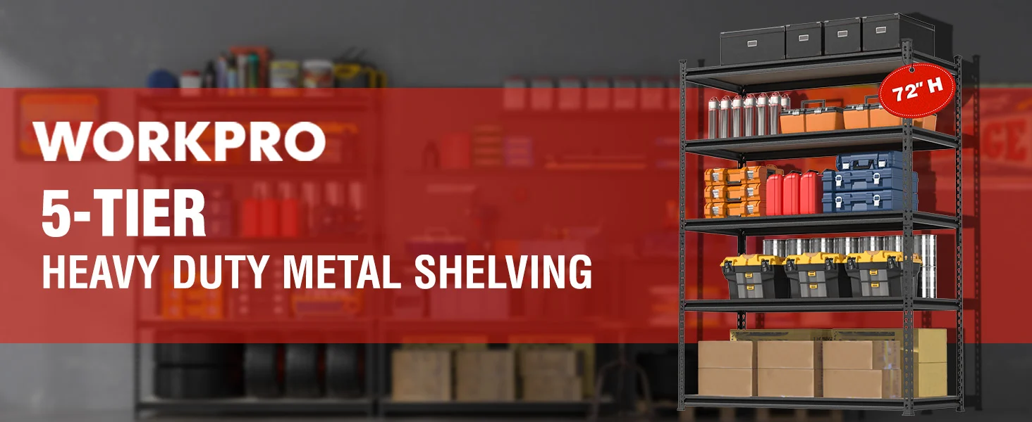Metal shelving rack with labeled bins and tools, showing 72 H height, with durable quality and innovation