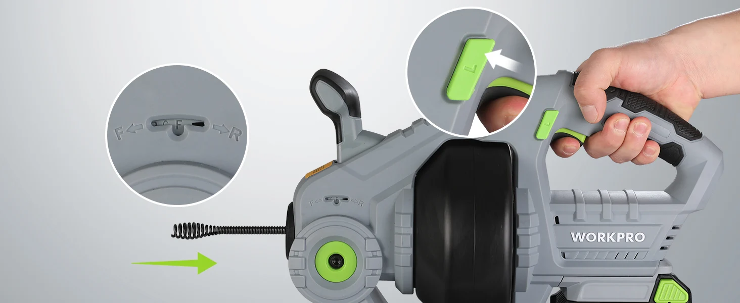 Power tool with innovation and quality, high-quality and secure features, held by a hand with green accents
