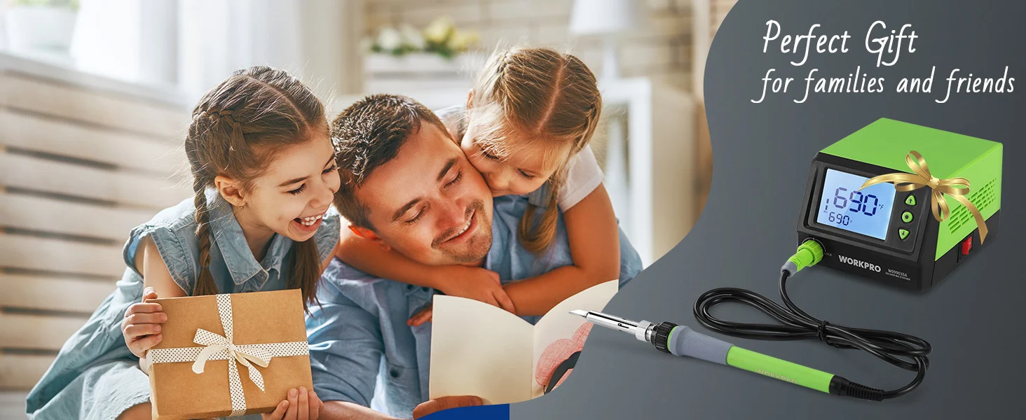 Father reading with two children, gift box and green workpro device with display and cables on the right