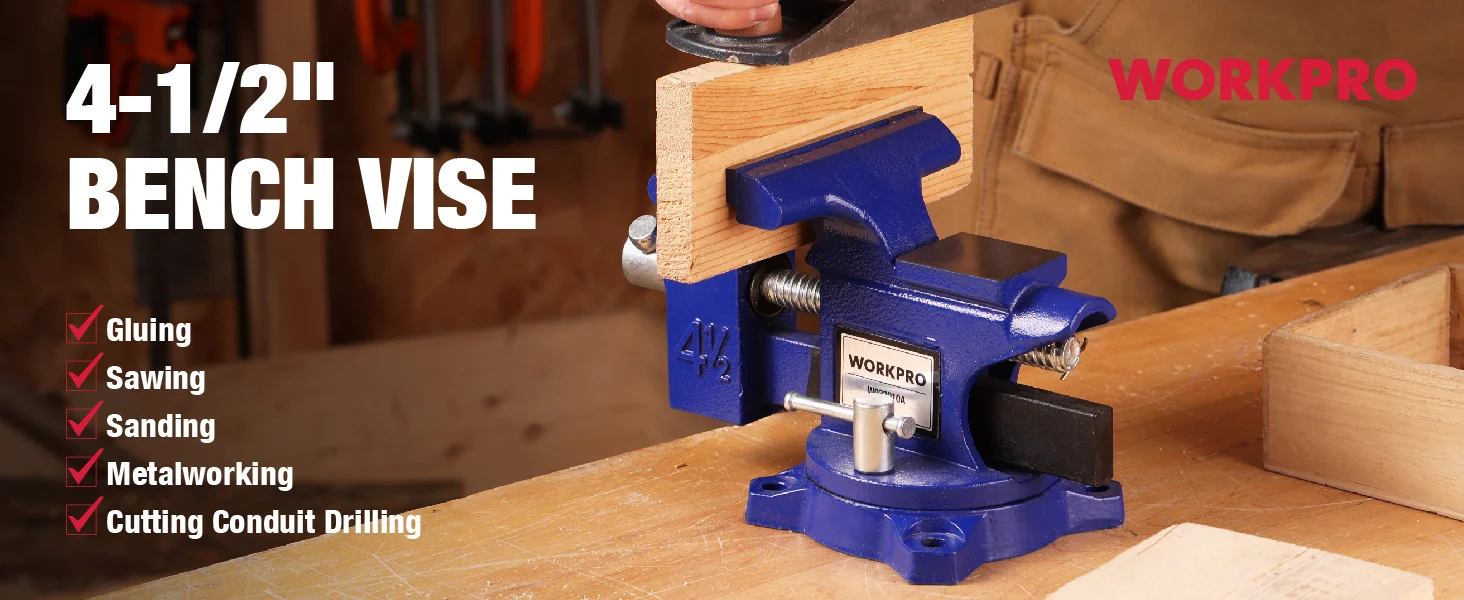 Blue bench vise clamping wood on a workshop table, showing innovation and quality with secure, durable grip