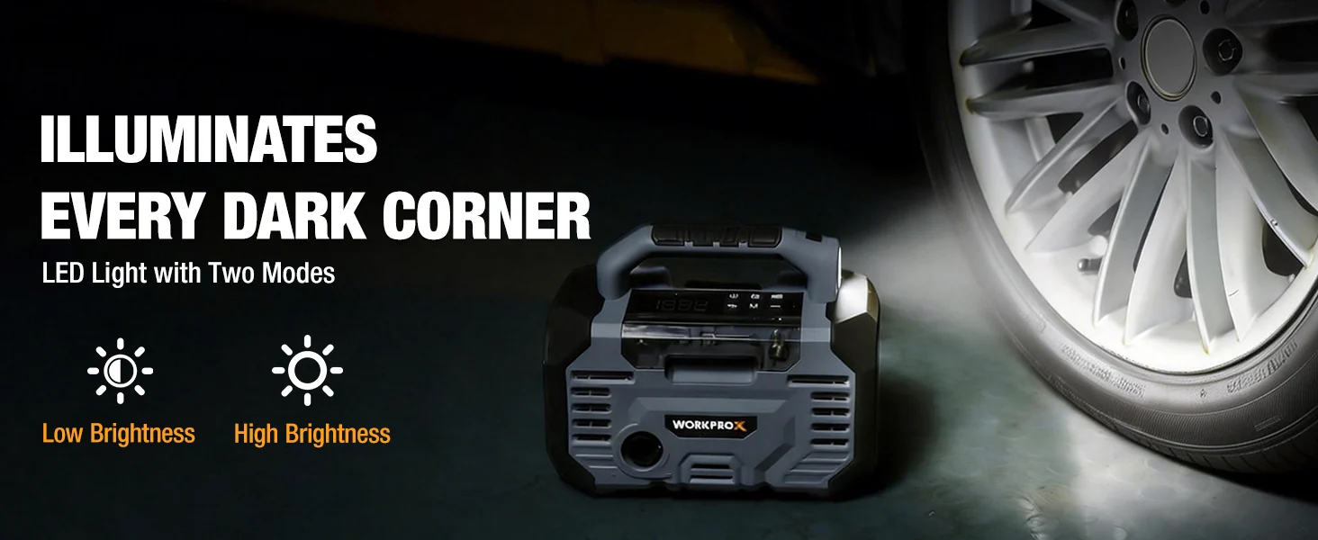 Portable LED work light with two modes, innovation and quality, on a dark surface beside a car wheel