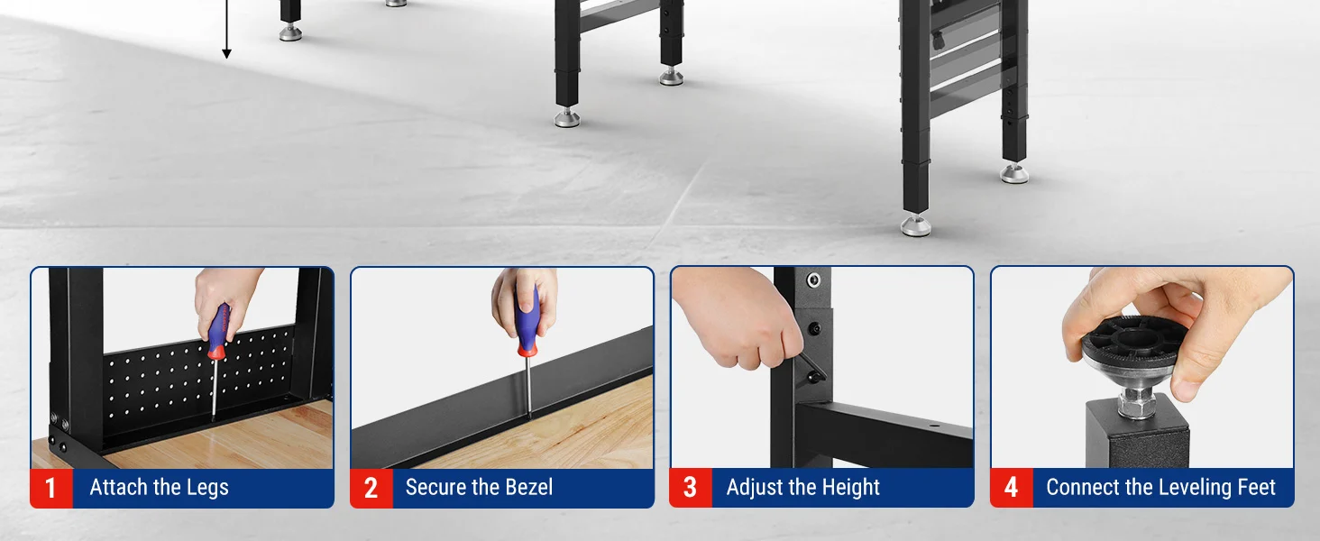 Adjustable workbench frame assembly steps show attaching legs, securing bezel, adjusting height, and leveling feet