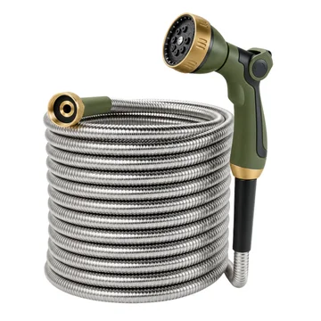 50-Foot Stainless Steel Garden Hose with 8-Function Spray Nozzle