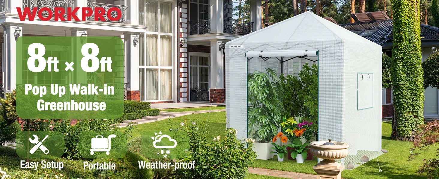 Pop up walk in greenhouse tent in a yard with flowers and plants, featuring innovation and quality visuals