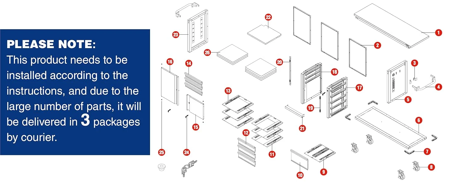 Exploded view diagram of a cabinet installation with numbered parts, showing innovation and quality in secure durable assembly